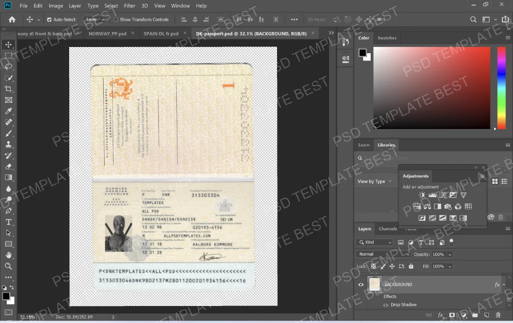 Denmark Passport PSD Template